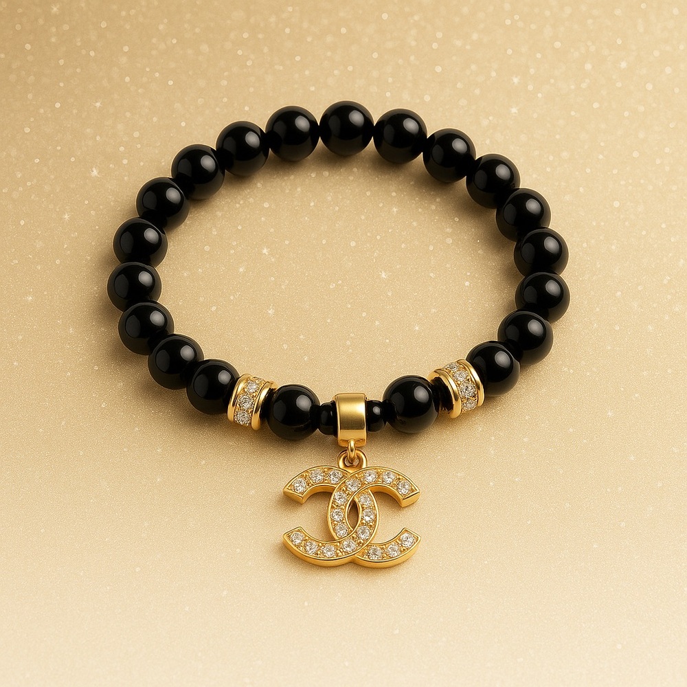 Elegant Black Onyx Bead Bracelet with Gold Charm